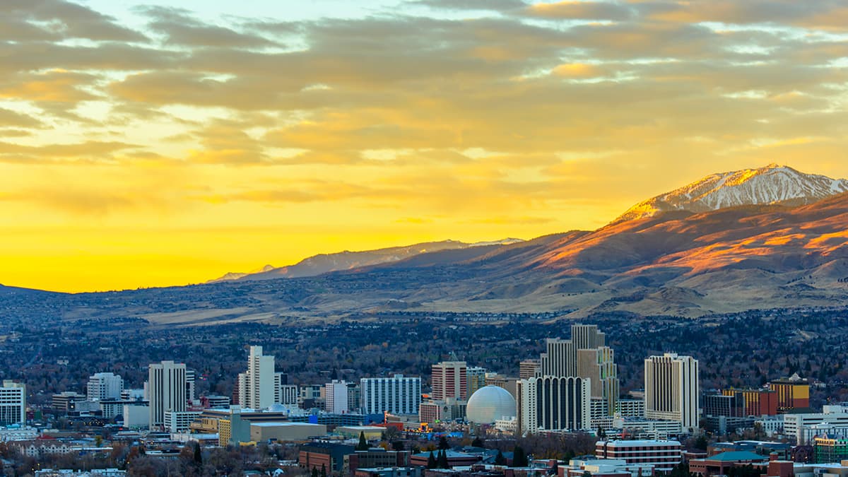 Reno skyline representing cities for outdoor lovers